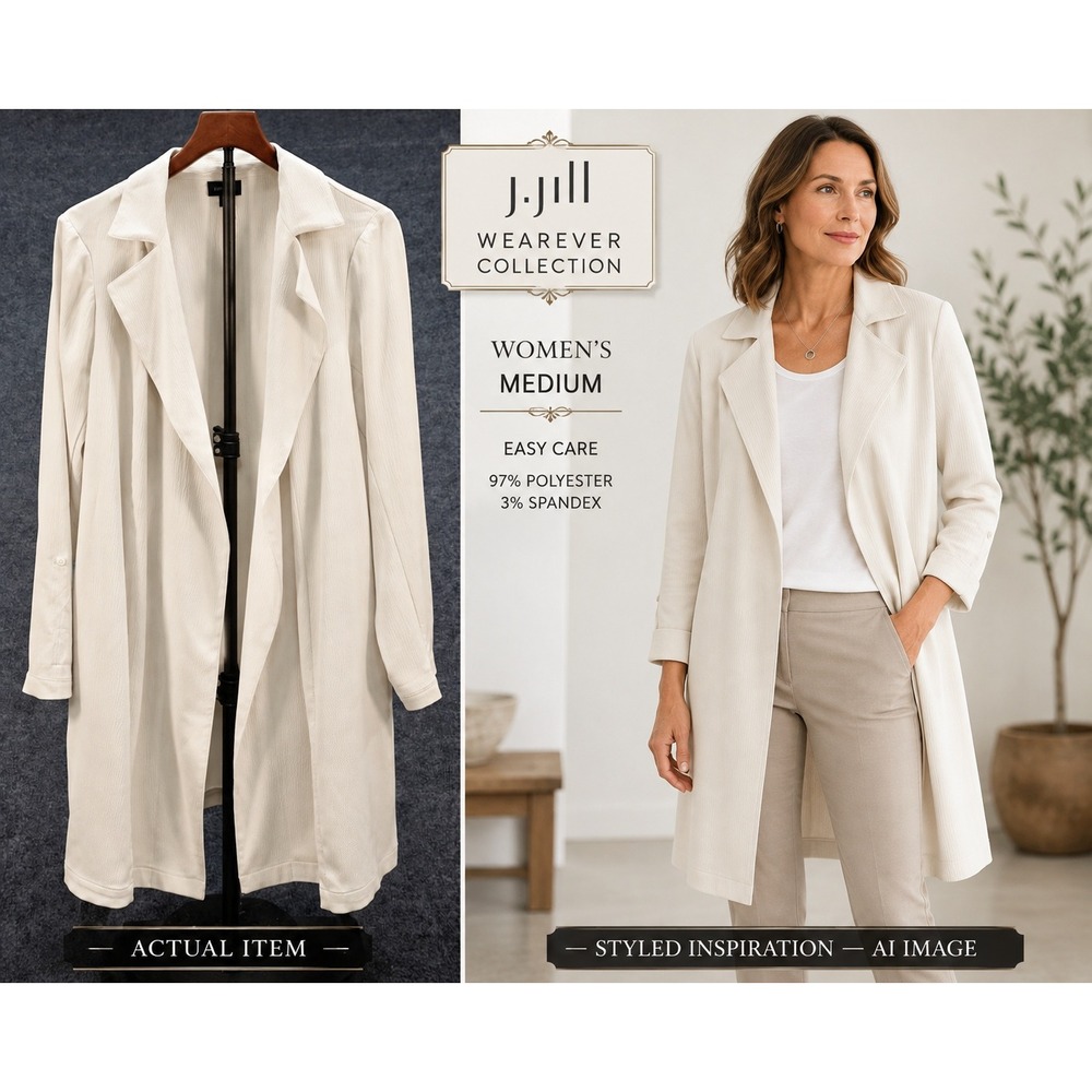J.Jill Wearever Duster Jacket M Beige‎ Textured Longline Blazer Travel Jacket